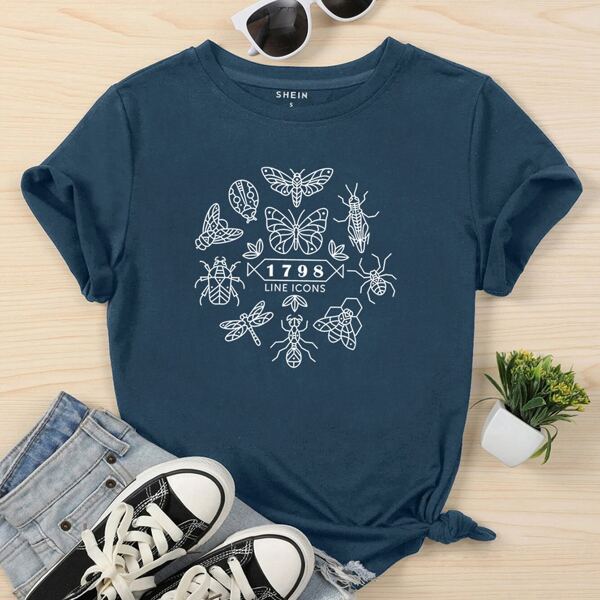 

Insect And Letter Graphic Tee, Navy blue