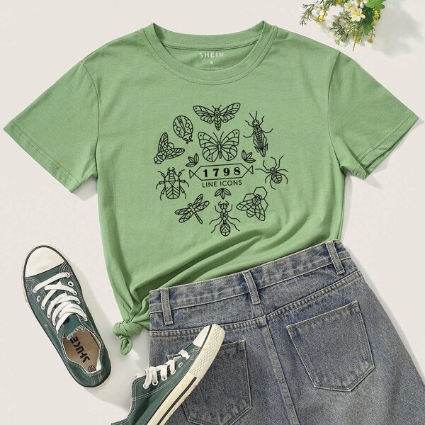 

Insect And Letter Graphic Tee, Army green