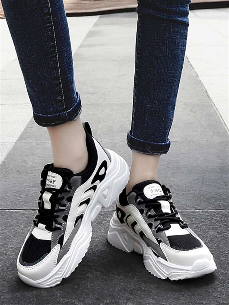 Lace Up Front Chunky Sneakers - Black - View 5