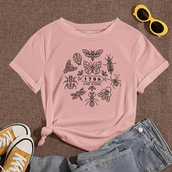 

Insect And Letter Graphic Tee, Dusty pink