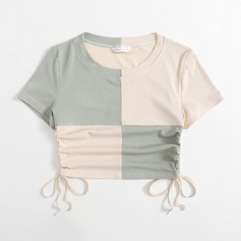 

Colorblock Ribbed Drawstring Ruched Tee, Multicolor