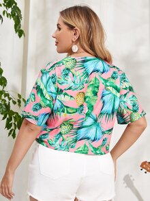SHEIN Unity Plus Tropical And Pineapple Print Tie Front Top - Multicolor - View 2