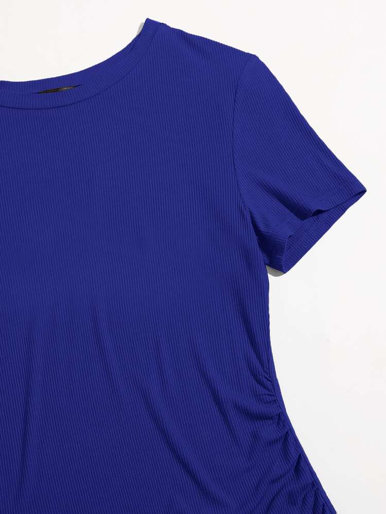 Plus Ruched Rib-knit Tee Dress - Royal Blue - View 3