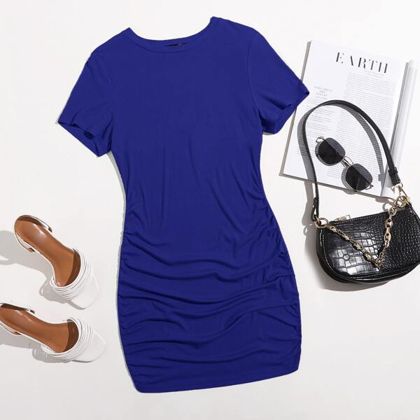 

Plus Ruched Rib-knit Tee Dress, Royal blue