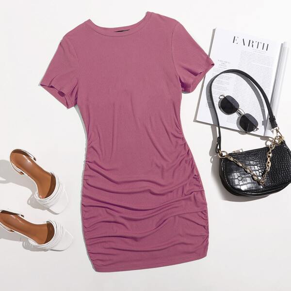 

Plus Ruched Rib-knit Tee Dress, Purple