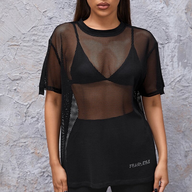 

Drop Shoulder Fishing Net Top Without Bra, Black