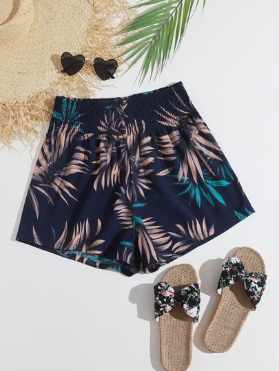 Plants Print Shirred Waist Shorts