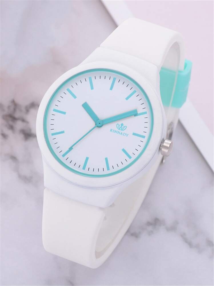 橡膠帶圓形指针石英手錶 - 白色 - 查看 1