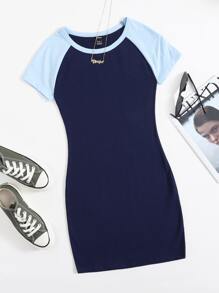 SHEIN EZwear 拼色插肩袖包臀連衣裙 - 藏蓝色 - 查看 1