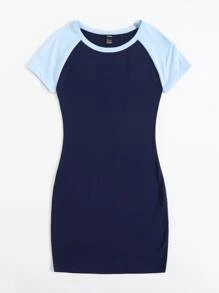 SHEIN EZwear 拼色插肩袖包臀連衣裙 - 藏蓝色 - 查看 3