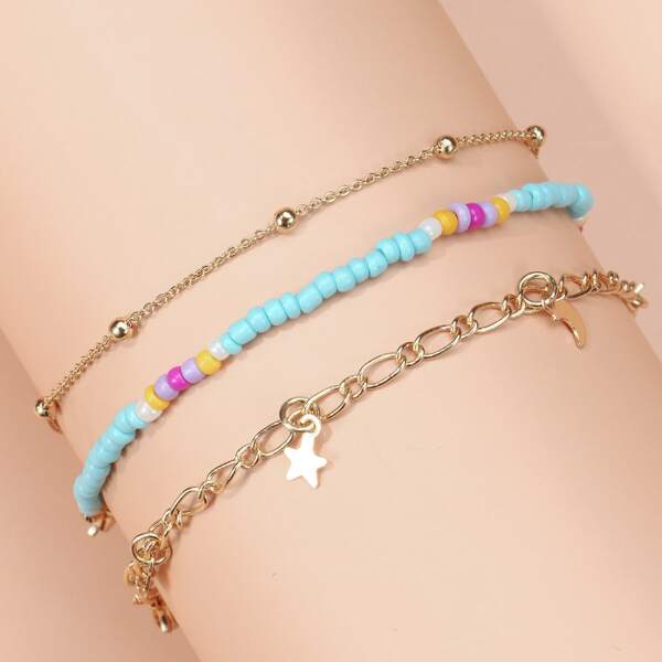 

3pcs Star Moon Charm Bracelet, Multicolor