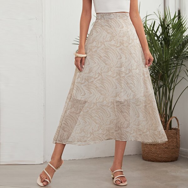

All Over Print Zipper Back Skirt, Khaki