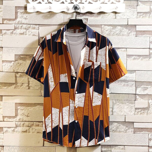

Men Geo Print Pocket Front Shirt Without Tee, Multicolor