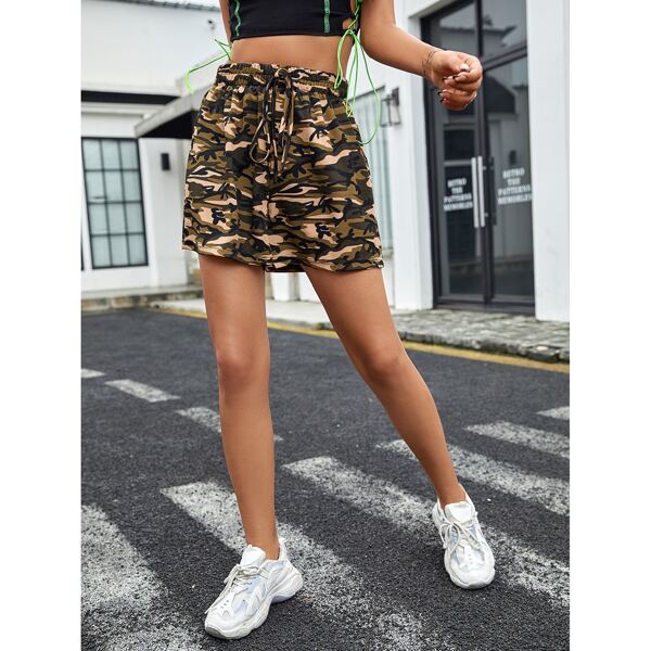 

Camo Print Knot Front Track Shorts, Multicolor
