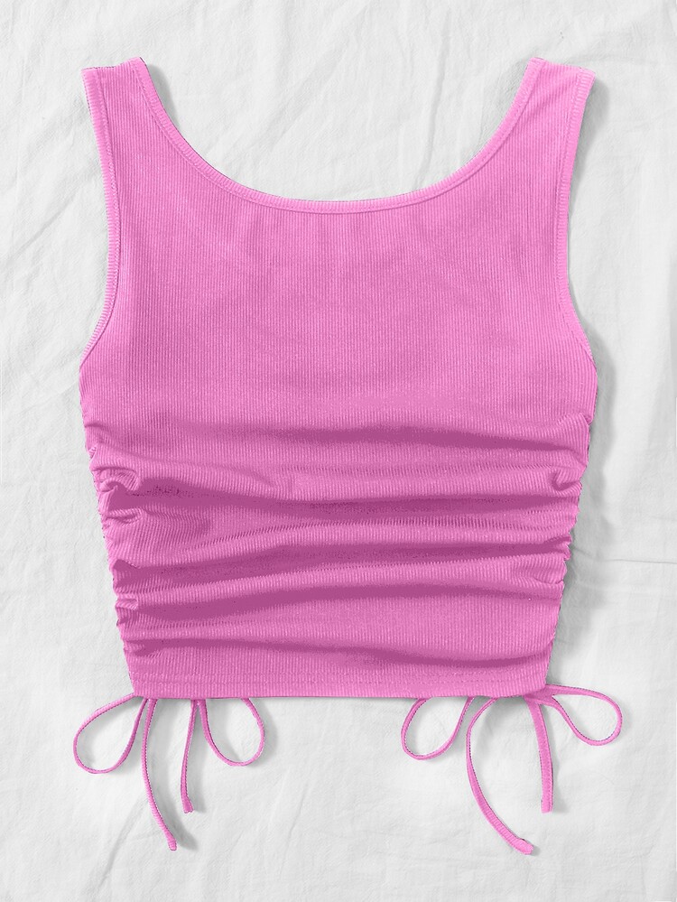 Butterfly Rhinestone Ruched Drawstring Knot Crop Top - Pink - View 2