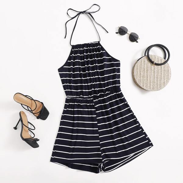 

Plus Striped Halter Romper, Navy blue