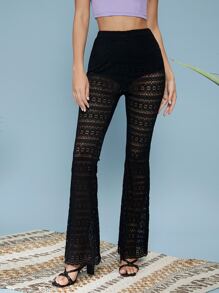 SHEIN Lace Flare Leg Trousers - Black - View 1