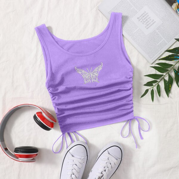 

Butterfly Rhinestone Ruched Drawstring Knot Crop Top, Violet purple