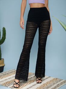 SHEIN Lace Flare Leg Trousers - Black - View 4