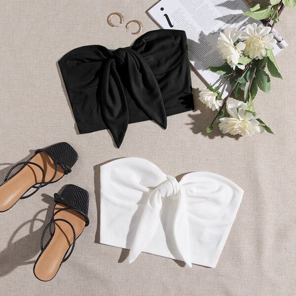 

2 Pack Tie Front Rib-knit Tube Top, Black and white