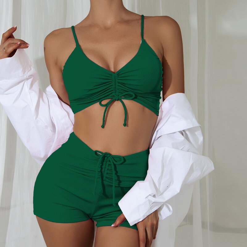 

Rib Drawstring Shorts Bikini Swimsuit, Dark green