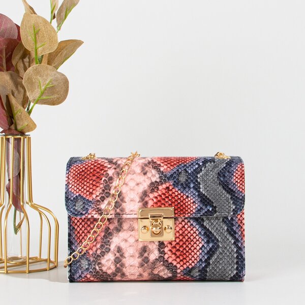 

Snakeskin Print Twist Lock Chain Bag, Multicolor