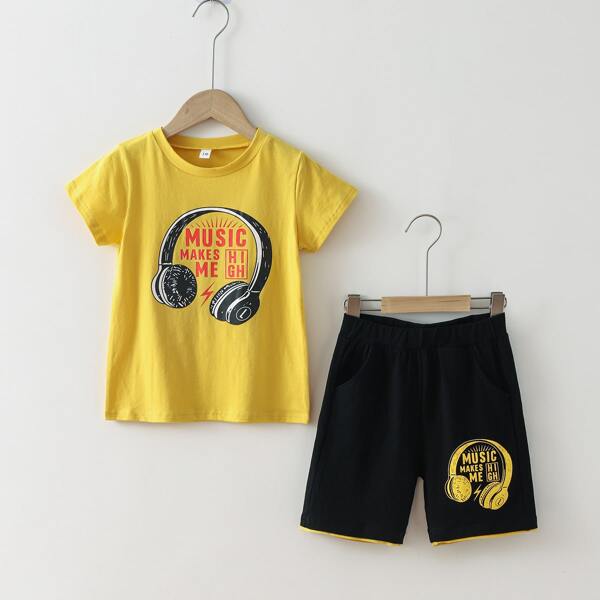 

Boys Headset And Letter Graphic Tee With Shorts, Multicolor