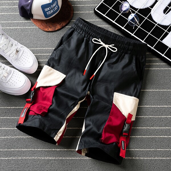 

Men Flap Pocket Drawstring Waist Shorts, Black