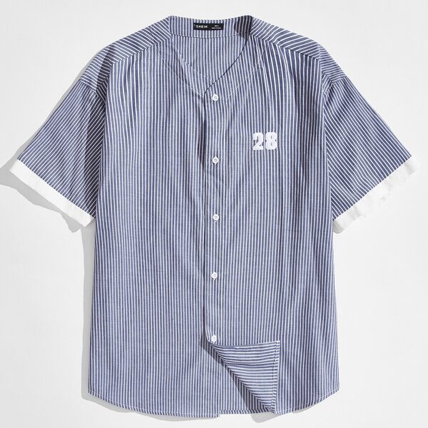 

Men Number Embroidery Striped Print Shirt, Blue and white