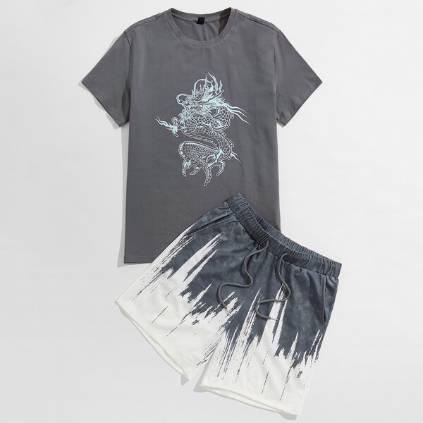 

Men Chinese Dragon Print Tee and Shorts Set, Multicolor