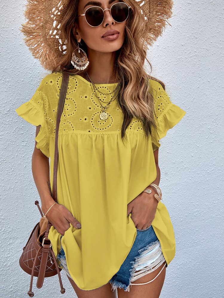 Schiffy Panel Flounce Sleeve Blouse - Yellow - View 1