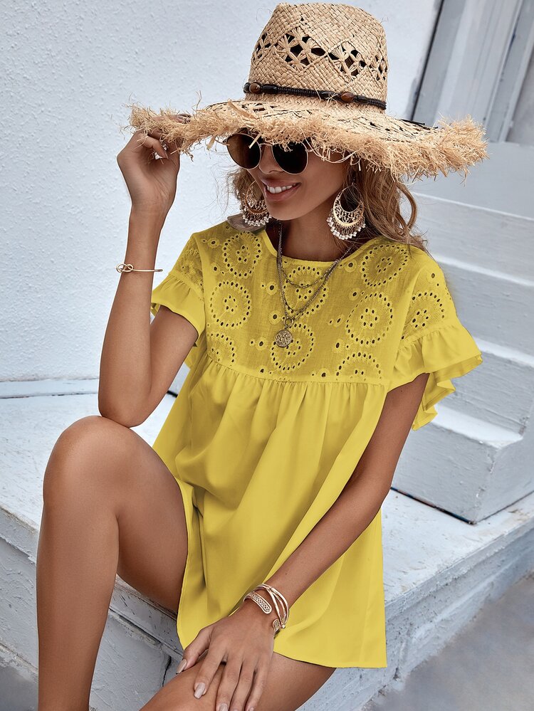 Schiffy Panel Flounce Sleeve Blouse - Yellow - View 3