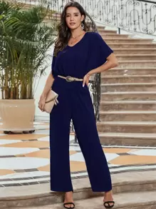 Batwing Sleeve Chiffon Jumpsuit Without Belt - Navy Blue - View 1