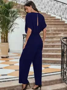 Batwing Sleeve Chiffon Jumpsuit Without Belt - Navy Blue - View 2