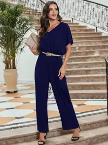 Batwing Sleeve Chiffon Jumpsuit Without Belt - Navy Blue - View 3