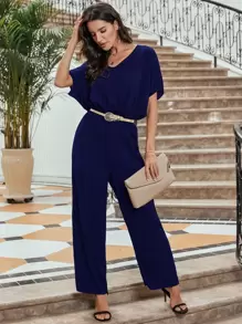 Batwing Sleeve Chiffon Jumpsuit Without Belt - Navy Blue - View 5