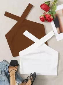 SHEIN EZwear 2 件装交叉短款露背上衣 - 彩色 - 查看 1