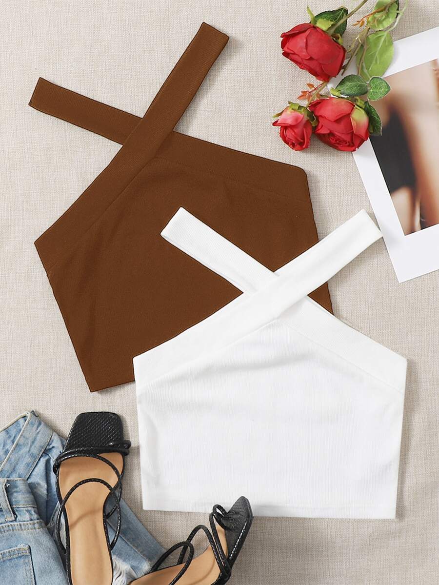 SHEIN EZwear 2 件装交叉短款露背上衣 - 彩色 - 查看 1