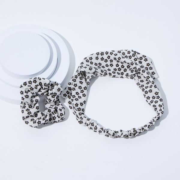 

2pcs Floral Print Hair Accessory Set, Black and white