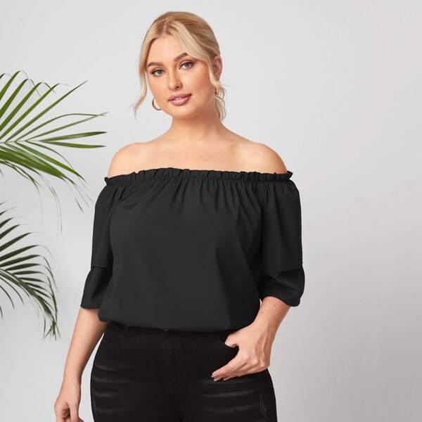

Plus Solid Frill Trim Bardot Blouse, Black