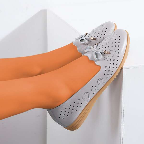 

Bow Decor Laser Cut-out Leather Flats, Light grey