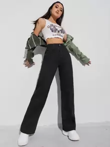 SHEIN EZwear High Waist Wide Leg Jeans - Black - View 1