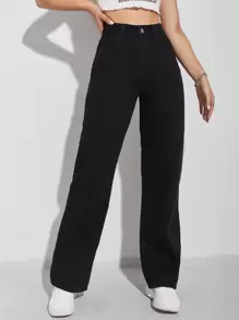 SHEIN EZwear High Waist Wide Leg Jeans - Black - View 2