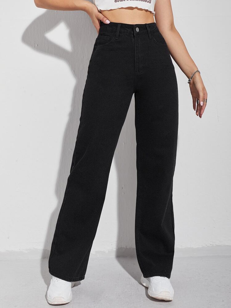 SHEIN EZwear High Waist Wide Leg Jeans - Black - View 2