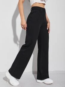 SHEIN EZwear High Waist Wide Leg Jeans - Black - View 3