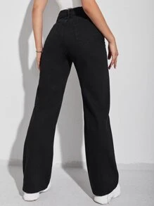 SHEIN EZwear High Waist Wide Leg Jeans - Black - View 4