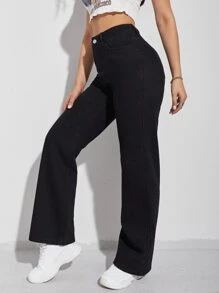 SHEIN EZwear High Waist Wide Leg Jeans - Black - View 5