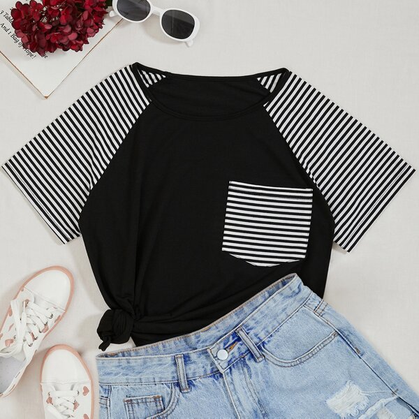 

Plus Striped Raglan Sleeve Tee, Black
