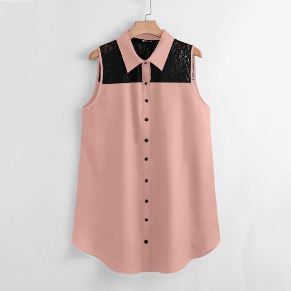 

Plus Contrast Lace Button Through Blouse, Dusty pink
