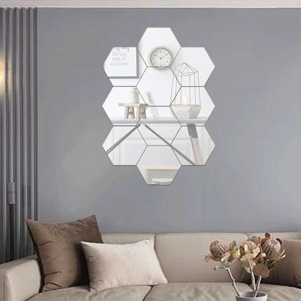 

10pcs Hexagon Mirror Surface Wall Sticker, Silver